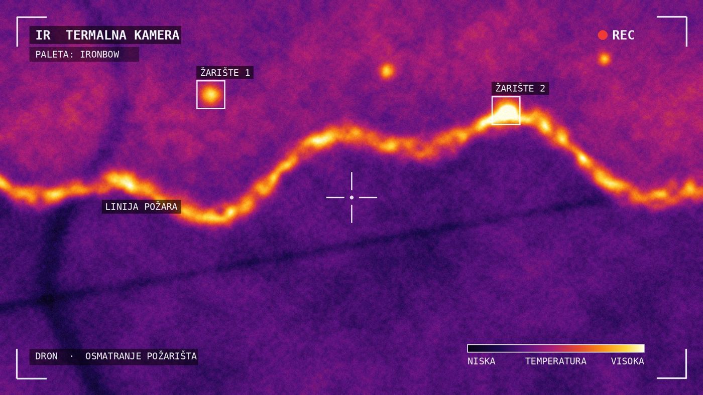 Prikaz sa termalne kamere drona iznad požarišta